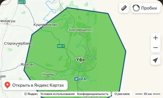 Зона выезда: Уфа и ближайшие районы, карта из оригинала